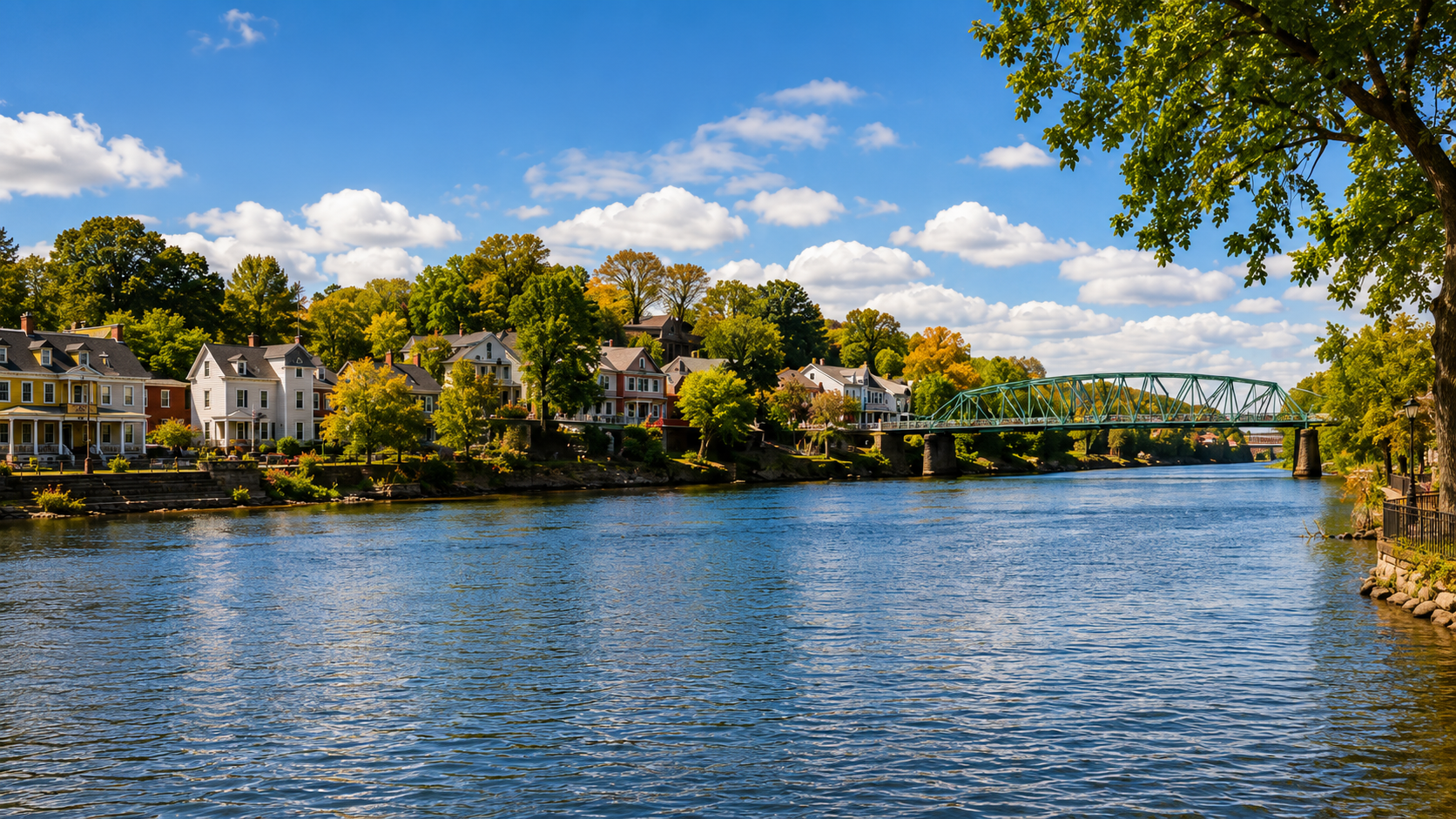 Riverside view of New Hope, PA with the bridge over the Delaware River